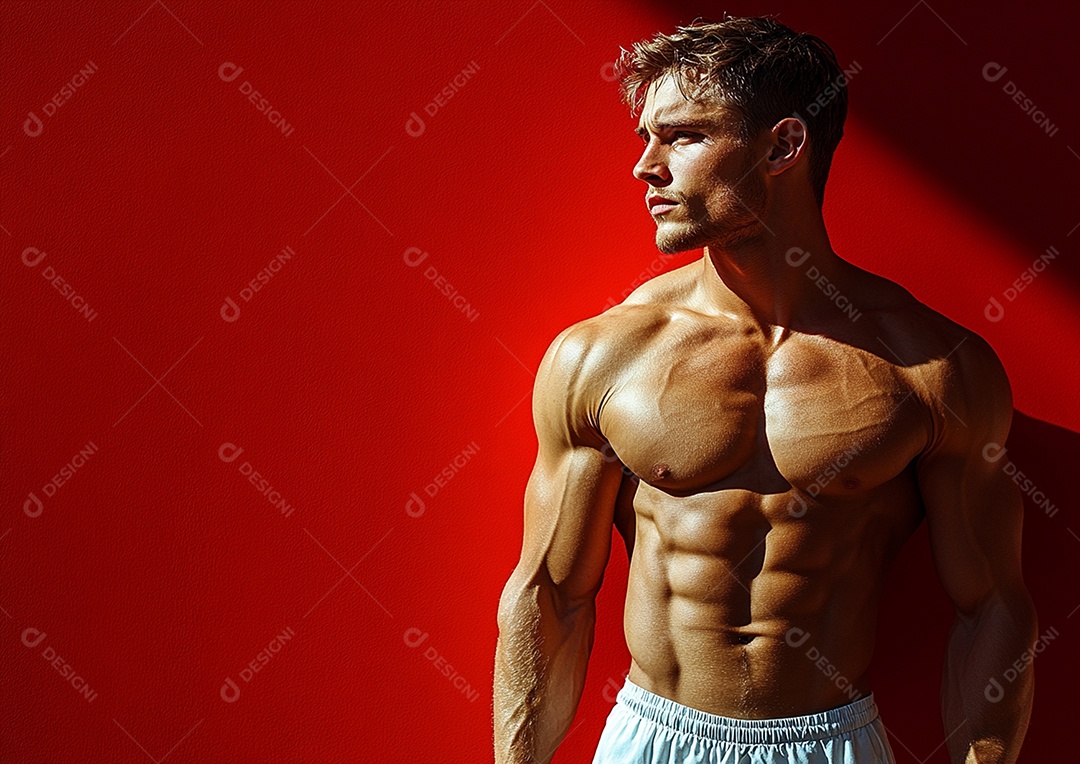 Homem fisiculturista em fundo de cor sólida. conceito de ginásio ou saúde
