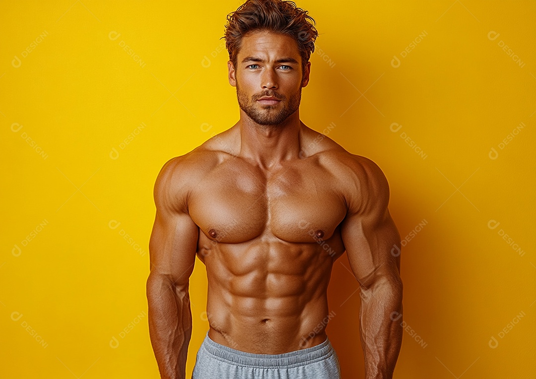 Homem fisiculturista em fundo de cor sólida. conceito de ginásio ou saúde