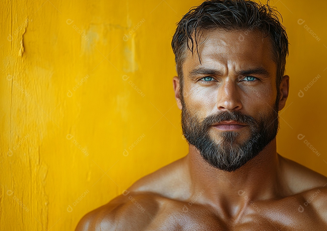 Homem fisiculturista em fundo de cor sólida. conceito de ginásio ou saúde