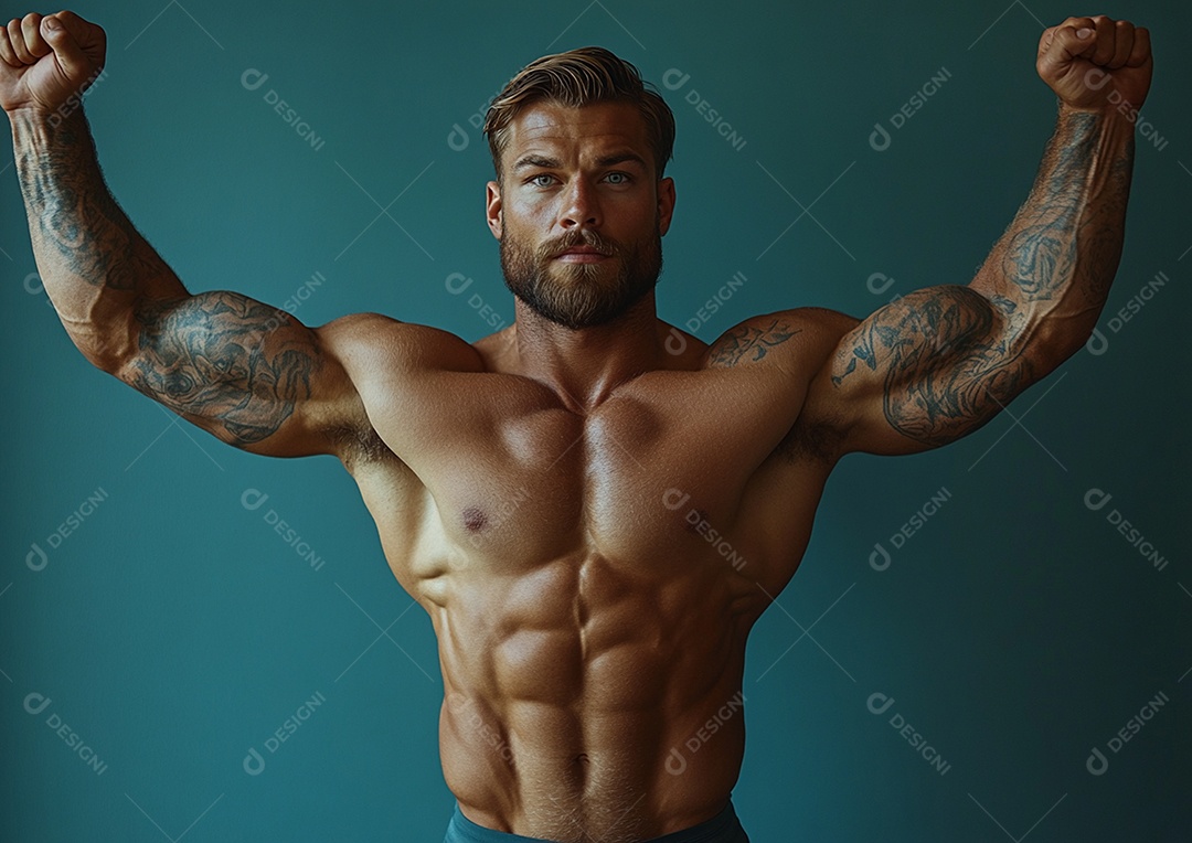 Homem fisiculturista em fundo de cor sólida. conceito de ginásio ou saúde