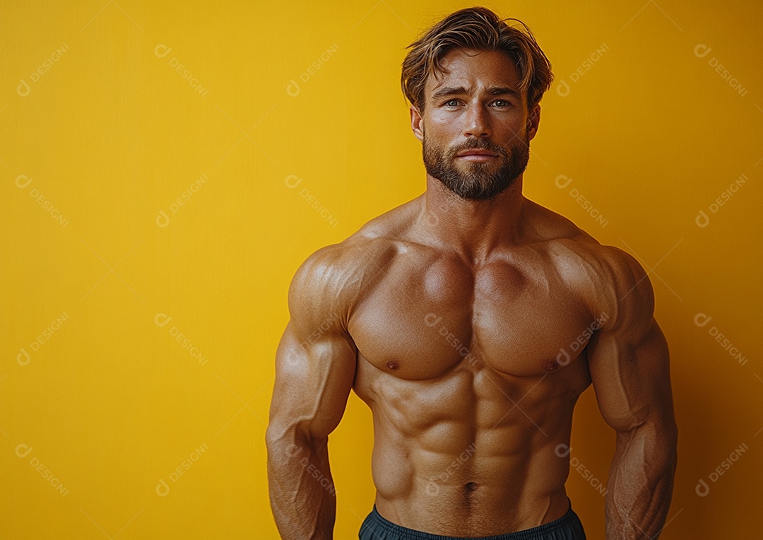 Homem fisiculturista em fundo de cor sólida. conceito de ginásio ou saúde