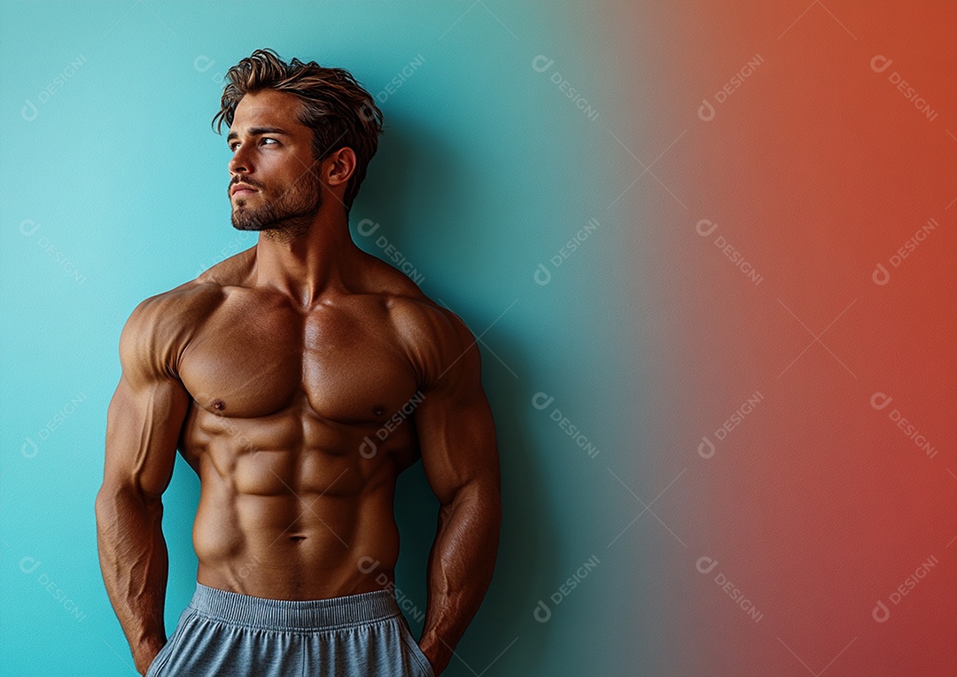 Homem fisiculturista em fundo de cor sólida. conceito de ginásio ou saúde