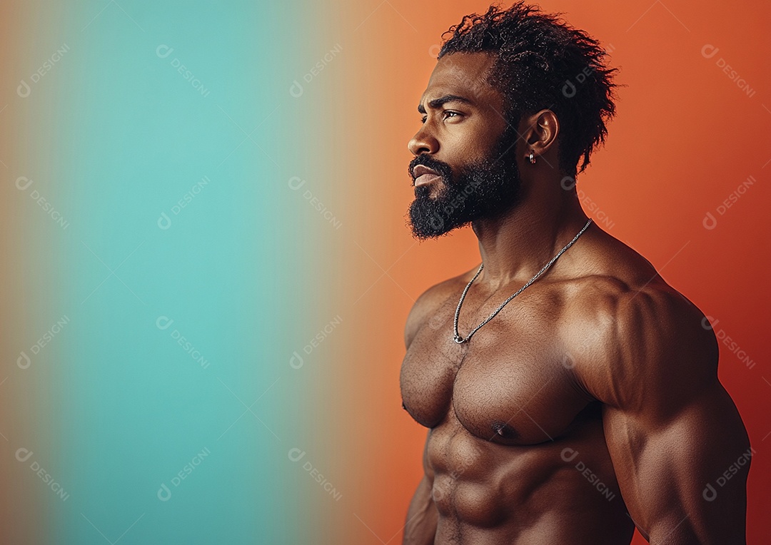 Homem fisiculturista em fundo de cor sólida. conceito de ginásio ou saúde