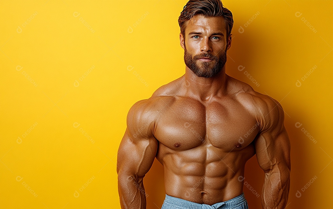 Homem fisiculturista em fundo de cor sólida. conceito de ginásio ou saúde