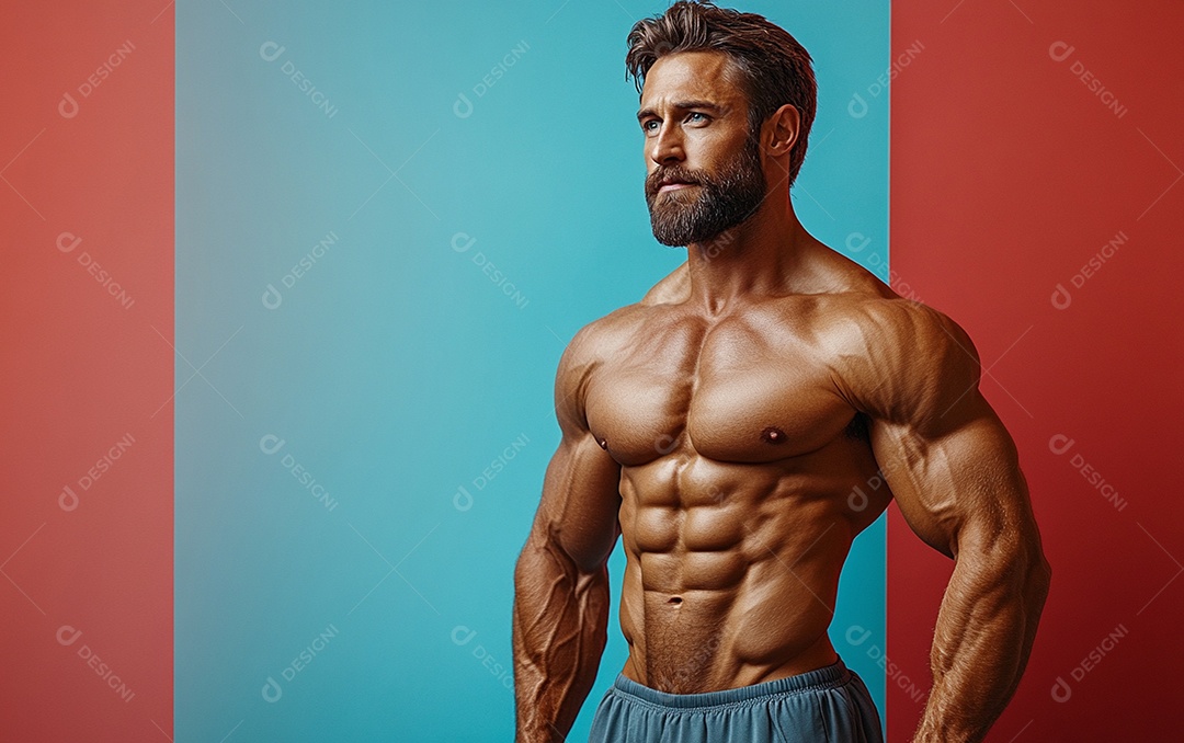 Homem fisiculturista em fundo de cor sólida. conceito de ginásio ou saúde