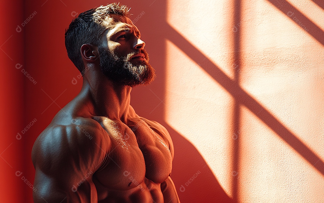 Homem fisiculturista em fundo de cor sólida. conceito de ginásio ou saúde