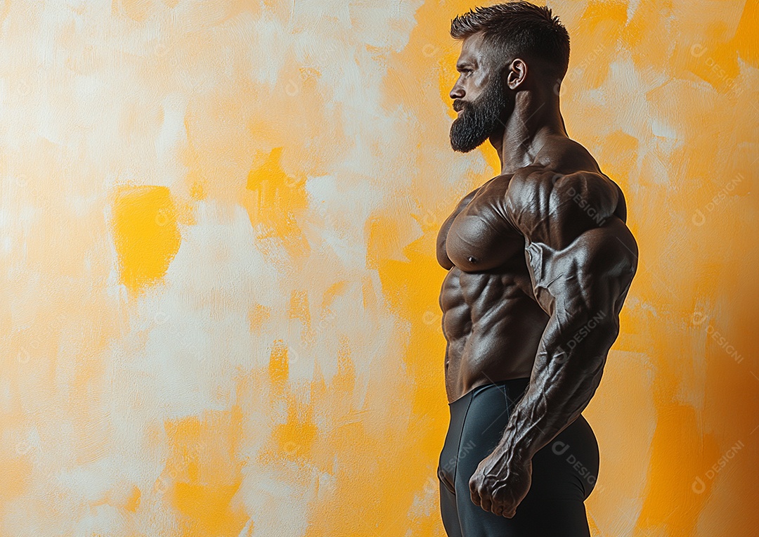 Homem fisiculturista em fundo de cor sólida. conceito de ginásio ou saúde