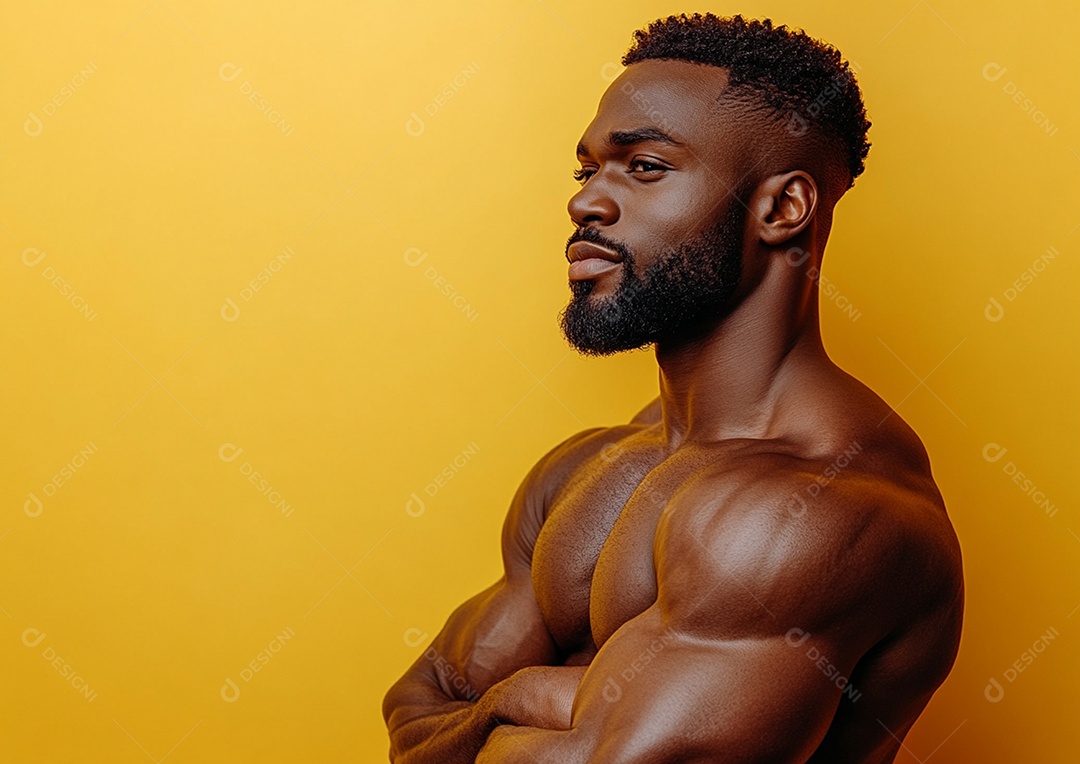 Homem fisiculturista em fundo de cor sólida. conceito de ginásio ou saúde