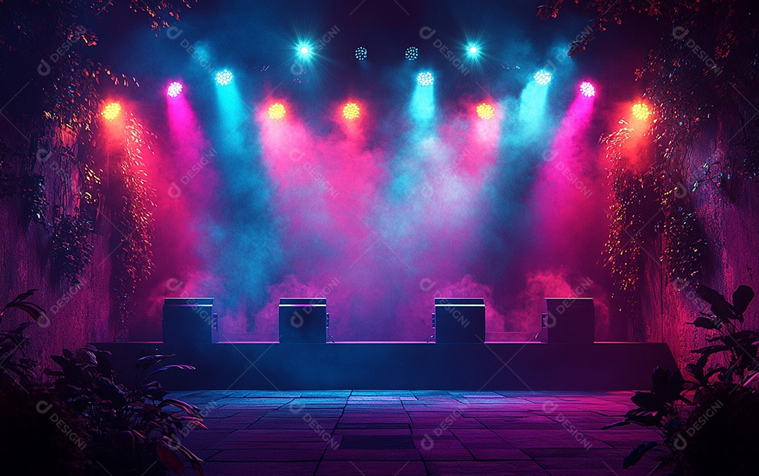 Cenário de palco de concerto com holofotes