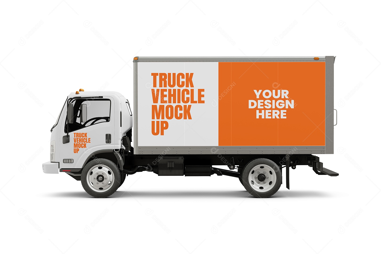 Caminhão Baú Visto de Lado Mockup PSD Editável