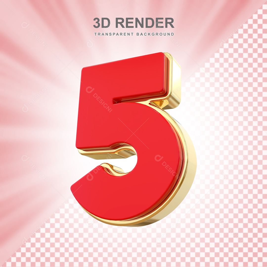 Número 3D 5 Vermelho e Dourado para Composição PSD