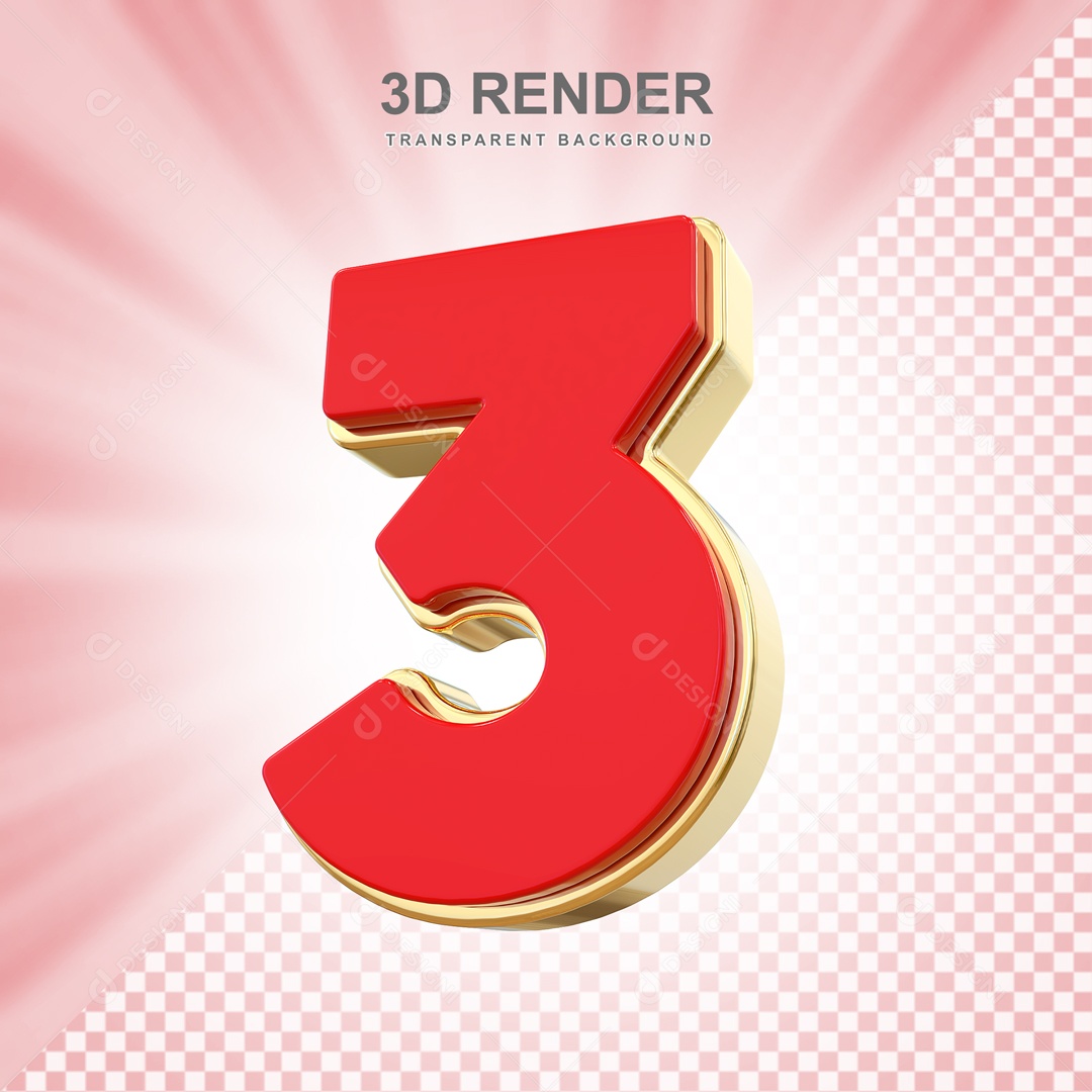 Número 3D 3 Vermelho e Dourado para Composição PSD