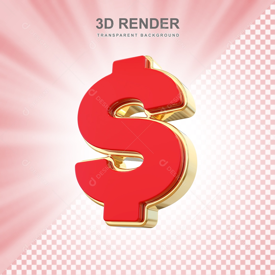 Cifrão Vermelho e Dorado Elemento 3D para Composição PSD