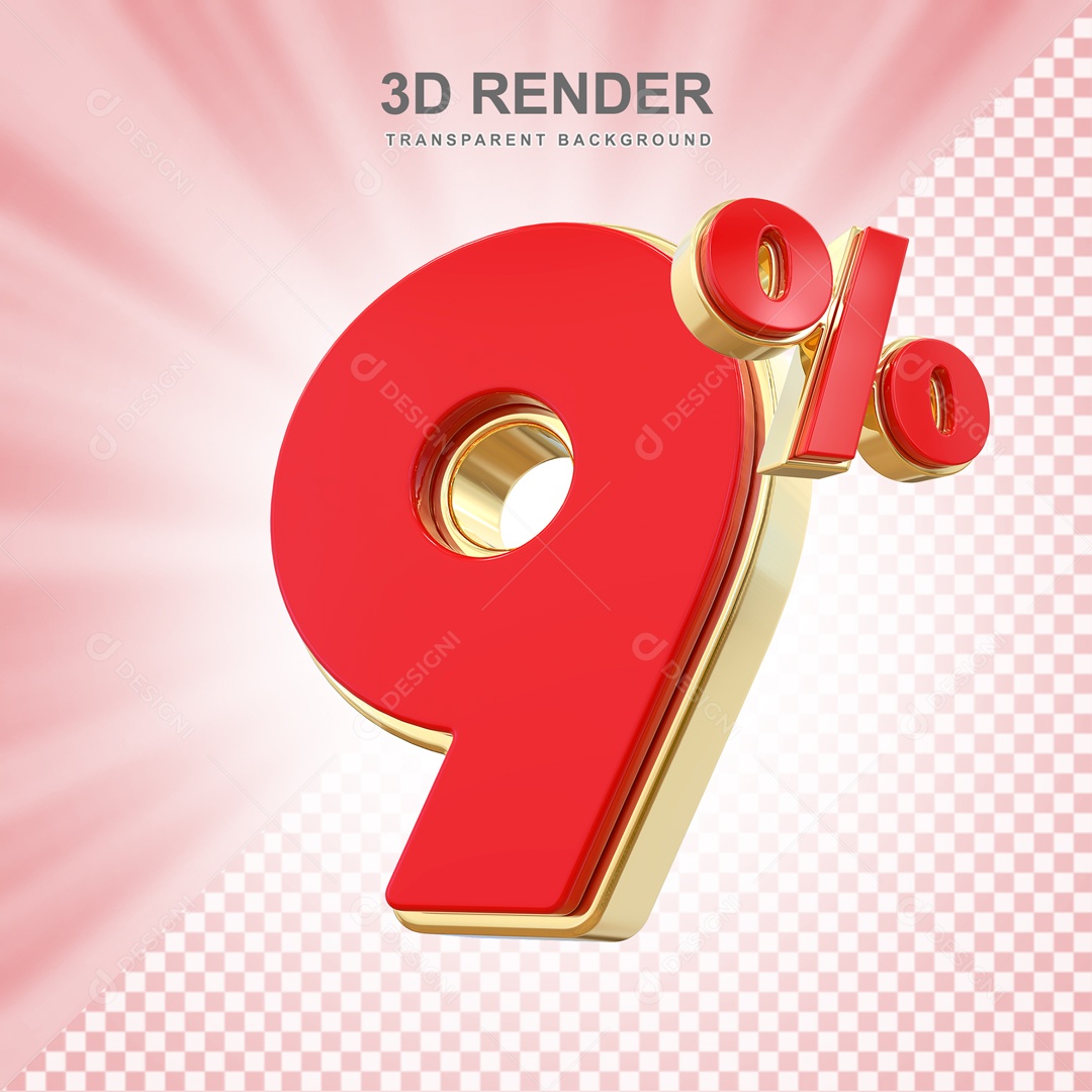 Desconto de 9% Elemento 3D Vermelho e Dourado para Composição PSD