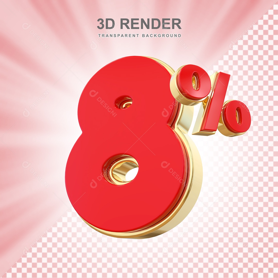 Desconto de 8% Elemento 3D Vermelho e Dourado para Composição PSD