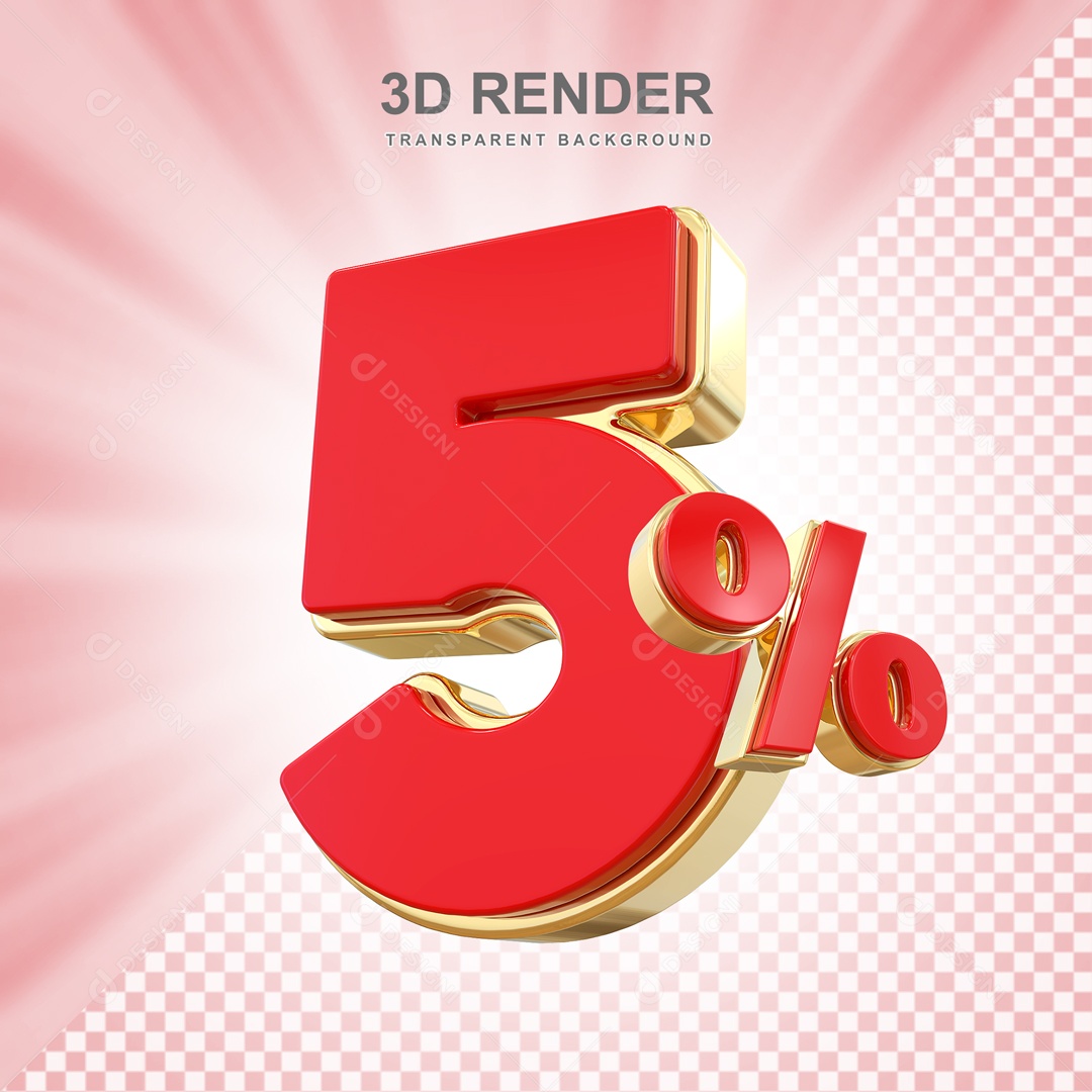 Desconto de 5% Elemento 3D Vermelho e Dourado para Composição PSD