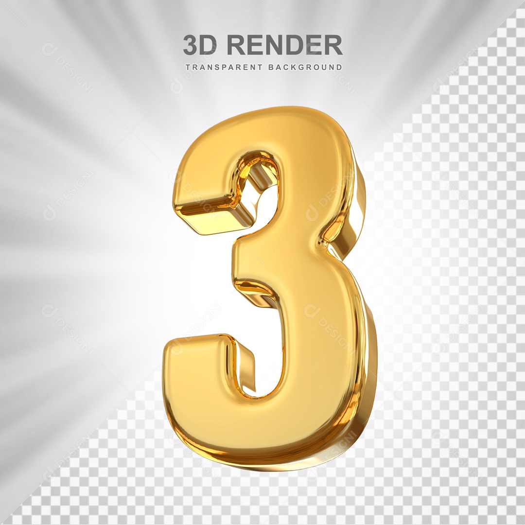 Número 3D 3 Dourado para Composição PSD