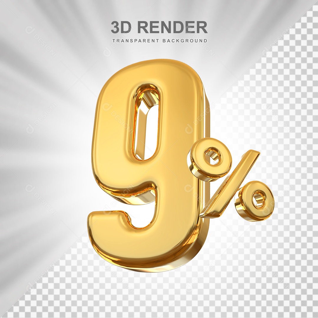 Desconto de 9% Elemento 3D Dourado para Composição PSD
