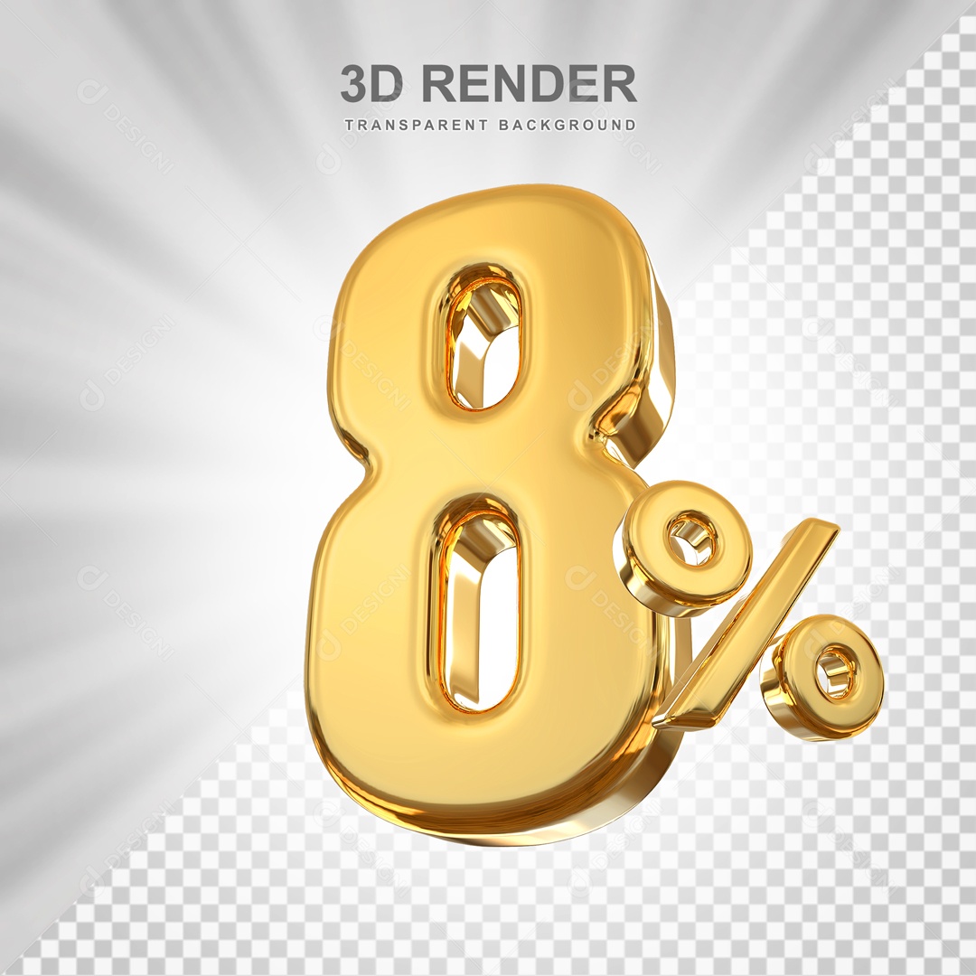 Desconto de 8% Elemento 3D Dourado para Composição PSD