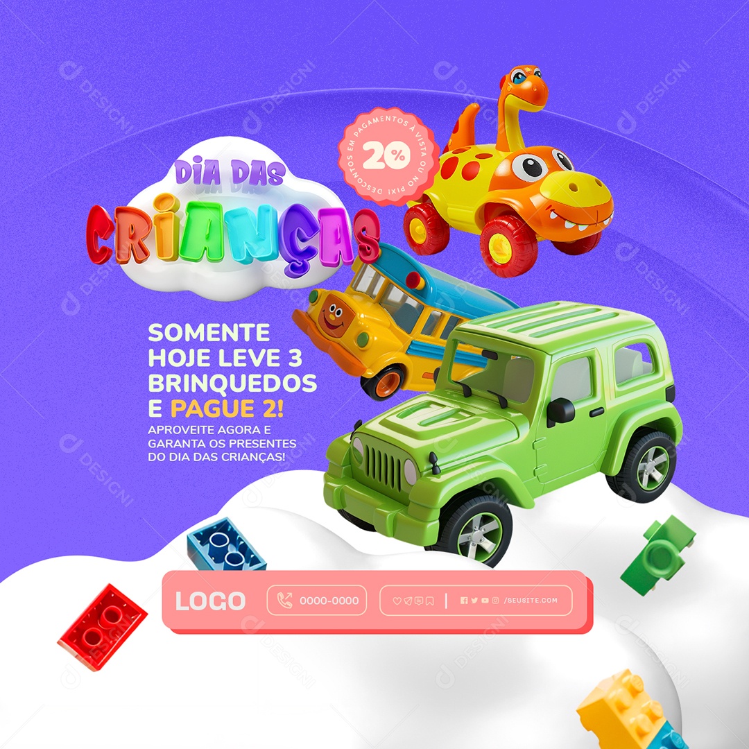 Loja de Brinquedos Somente Hoje Leve 3 Brinquedos e Pague 2 Social Media PSD Editável