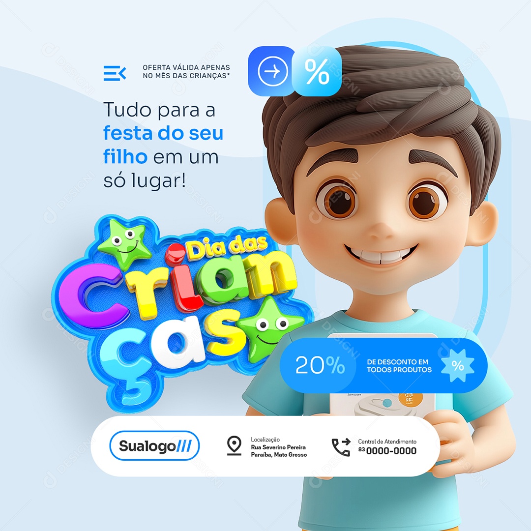 Dia das Crianças Supermercado Tudo para a Festa do Seu Filho Social Media PSD Editável