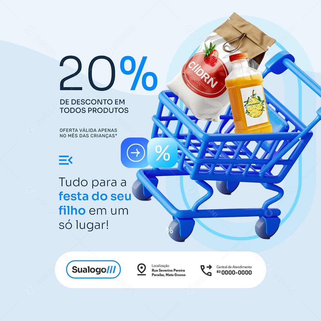 Dia das Crianças Supermercado 20% de Descontos em Todos os Produtos Social Media PSD Editável
