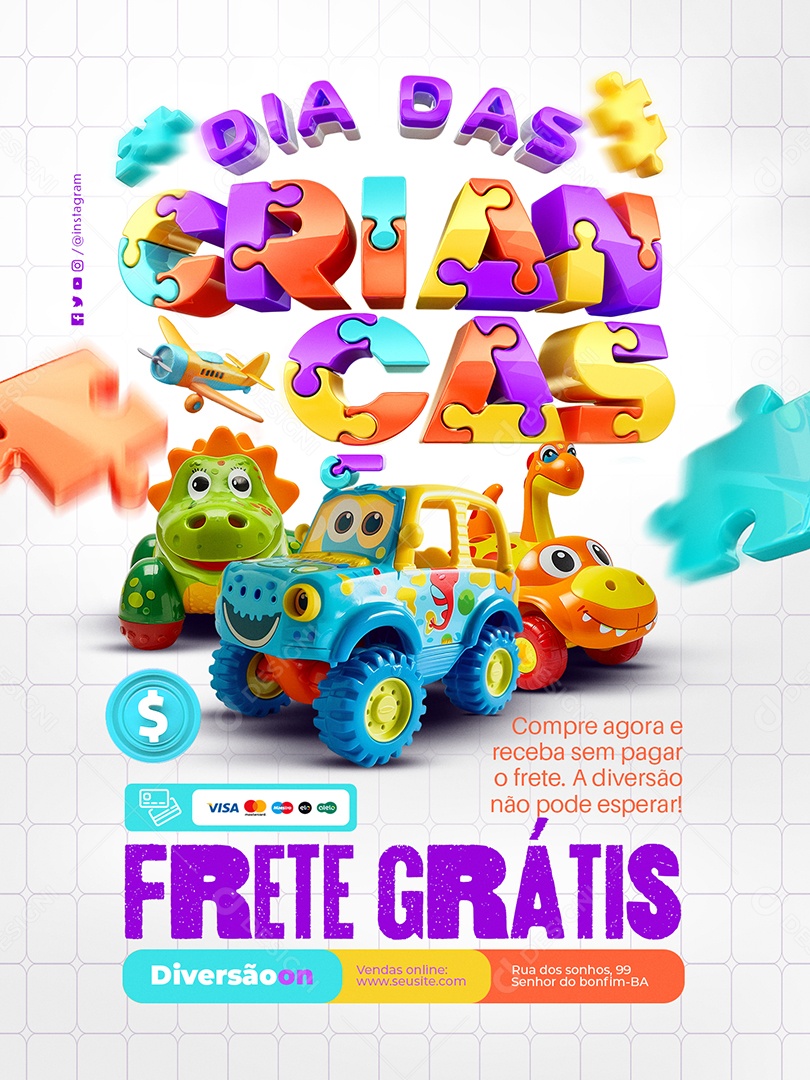 Dia das Crianças Lojas Encarte Brinquedos Frete Grátis Social Media PSD Editável