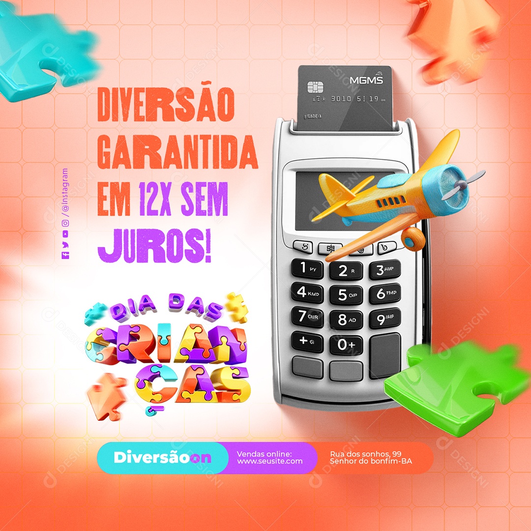 Dia das Crianças Lojas Diversão Garantida Social Media PSD Editável