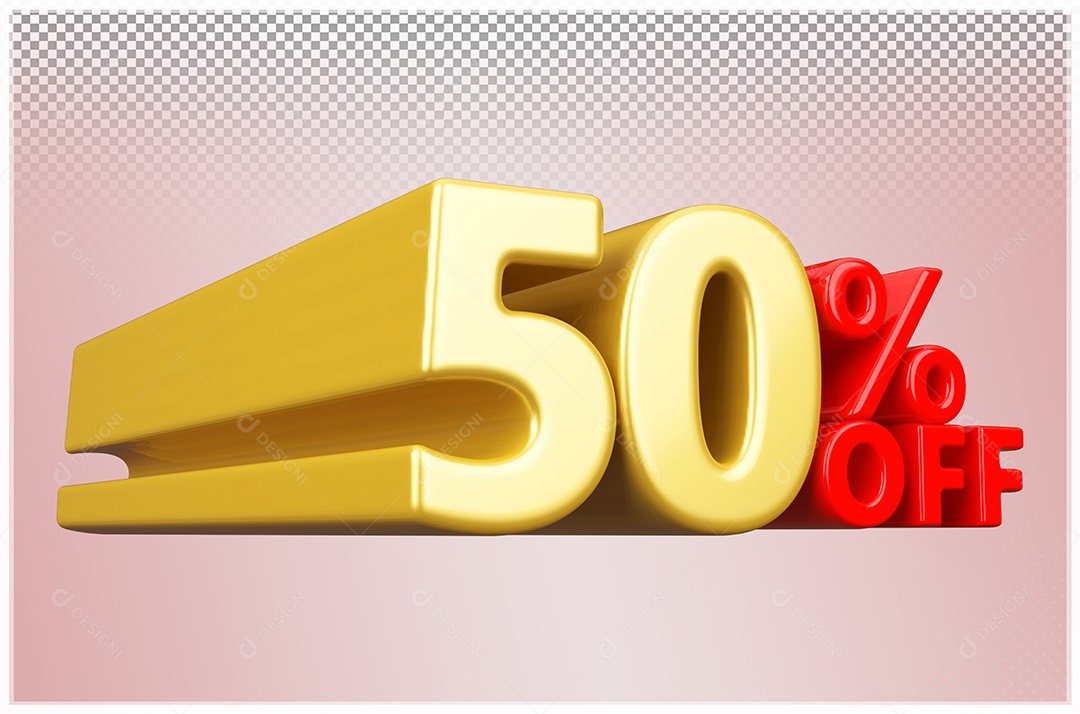 Desconto  50% Off Elemento 3D Dourado  e Vermelho para Composição PSD