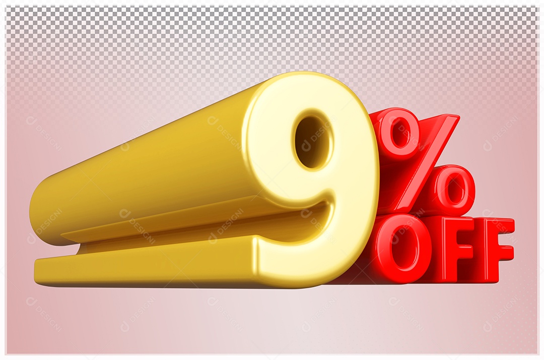 Desconto  9% Off Elemento 3D Dourado  e Vermelho para Composição PSD
