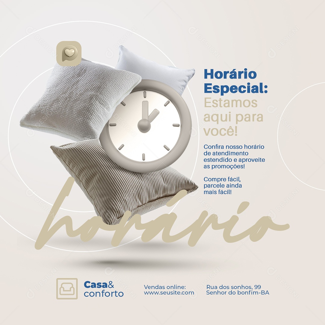 Casa e Conforto Cama Mesa Banho Horário Especial Social Media PSD Editável