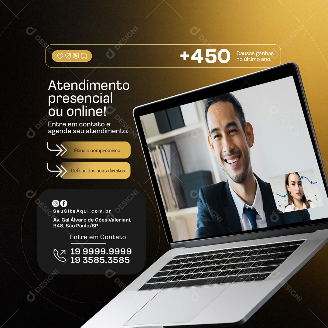 Advocacia Atendimento Presencial ou Online Social Media PSD Editável