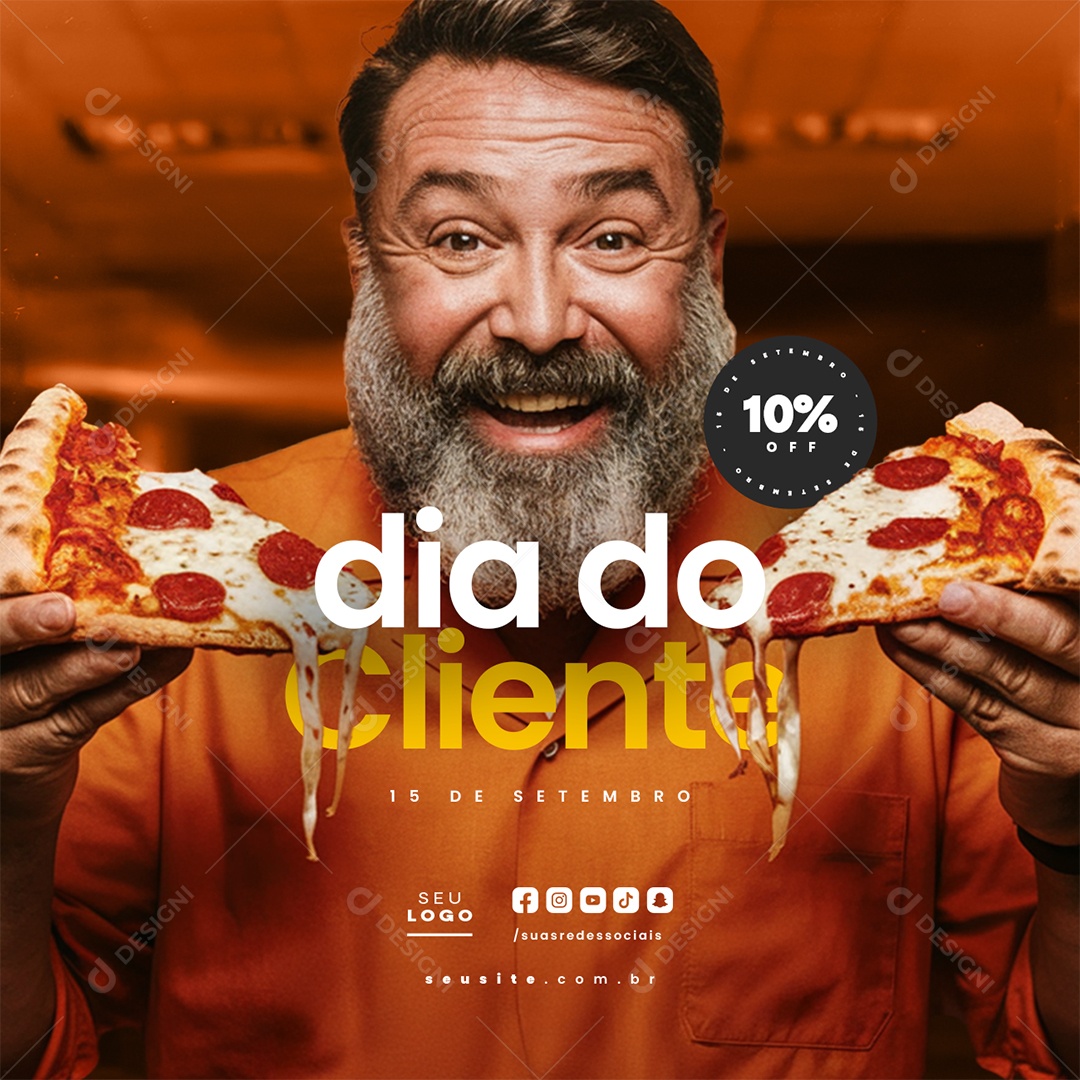 Feliz Dia do Cliente 15 de Setembro Pizzaria 10% Off Social Media PSD Editável