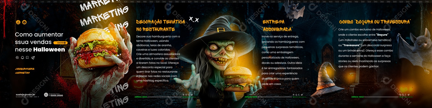 Carrossel Marketing Digital Halloween Hamburgueria Restaurante Social Media PSD Editável