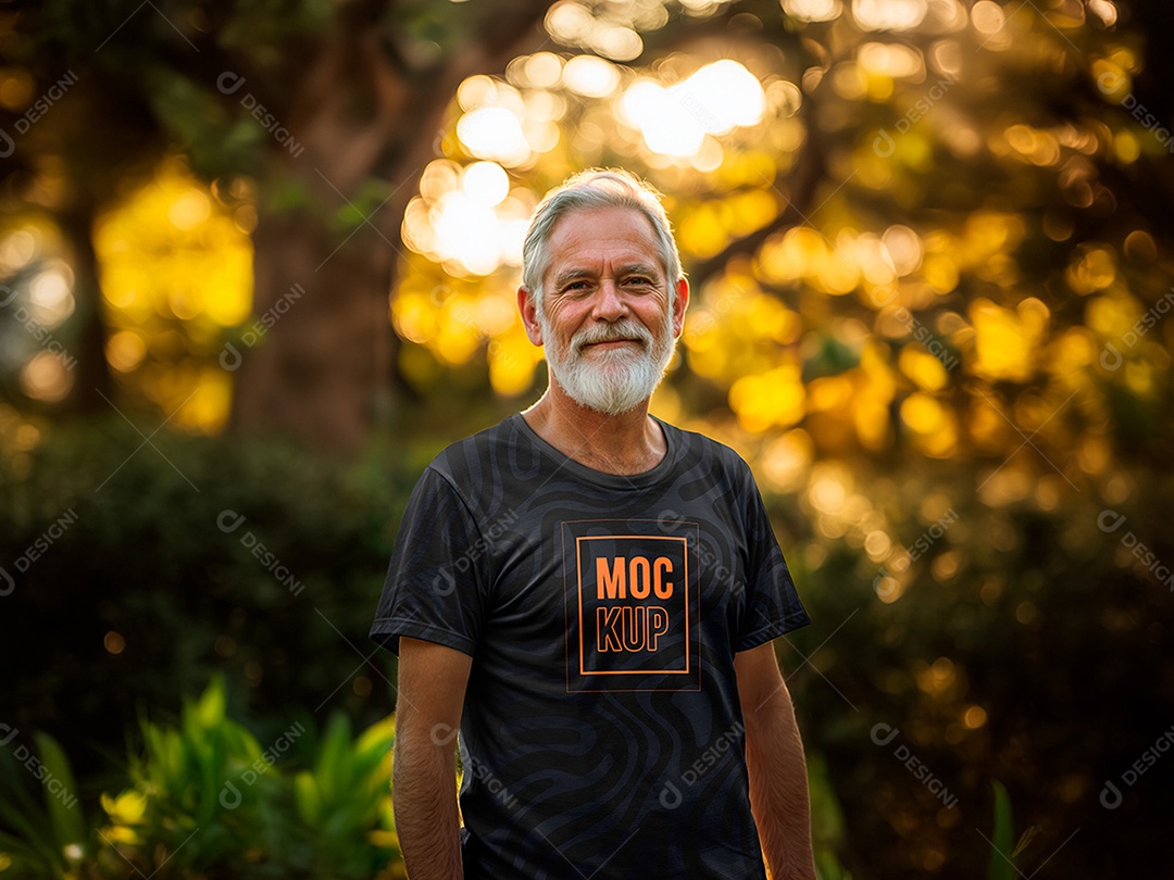 Idoso com Camiseta Mockup PSD Editável