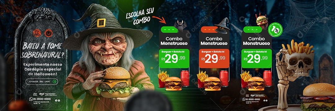 Carrossel Marketing Digital Halloween Hamburgueria Escolha seu Combo Social Media PSD Editável