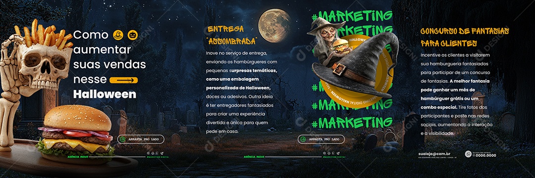 Carrossel Marketing Digital Halloween Hamburgueria Entrega Assombrada Social Media PSD Editável