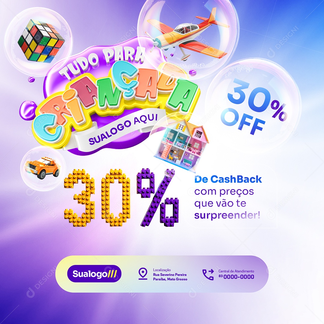 Tudo para Crianças Loja de Brinquedos 30% de CashBack Social Media PSD Editável