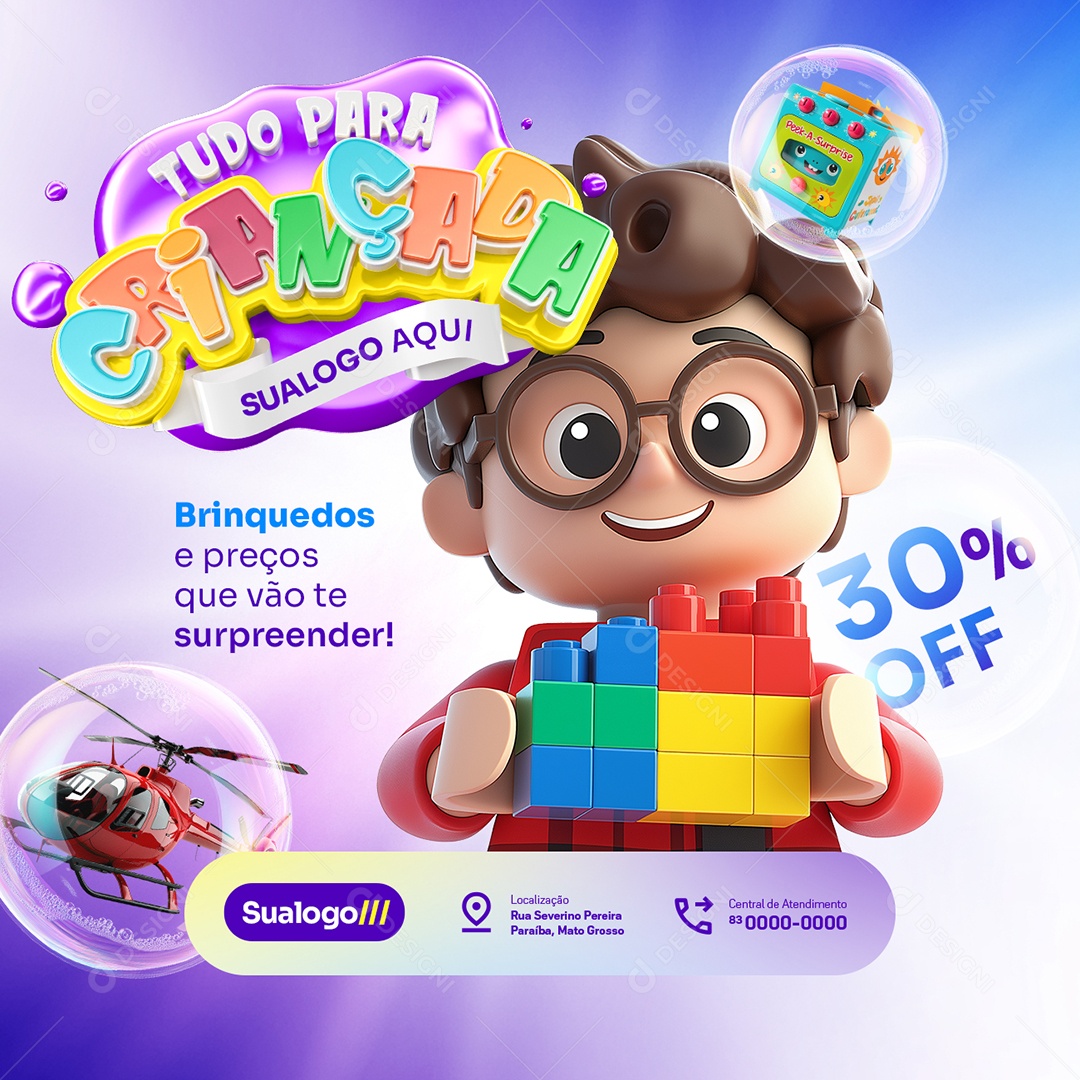 Tudo para Crianças Loja de Brinquedos 30% Off Social Media PSD Editável