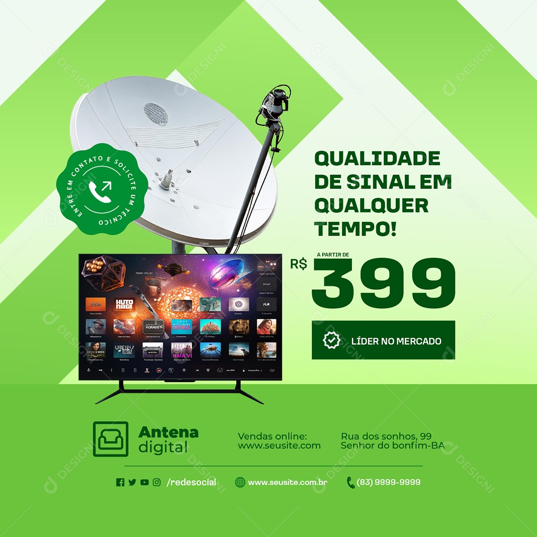 Antenas Parabólica Qualidade de Sinal em Qualquer Tempo Social Media PSD Editável