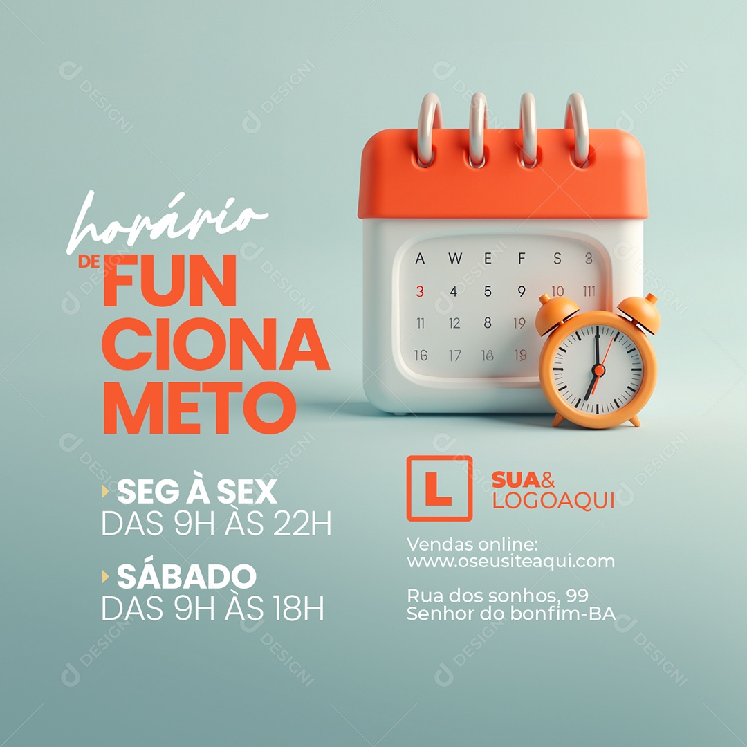 Horário de Funcionamento Vendas Online Social Media PSD Editável