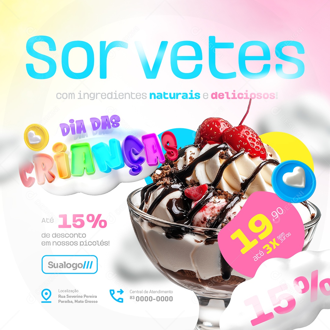 Dia das Crianças Sorveteria Sorvetes com Ingredientes Social Media PSD Editável