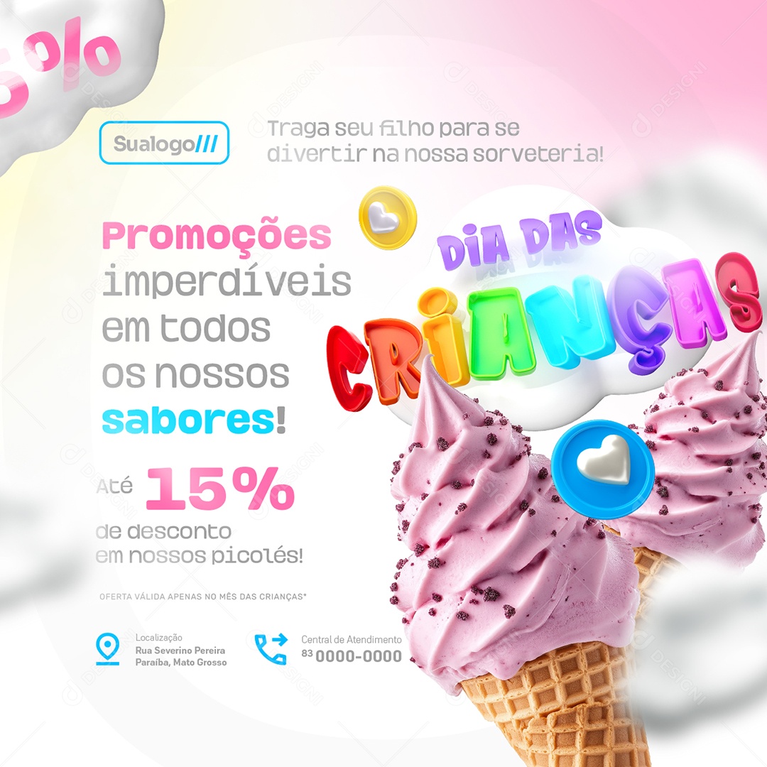 Dia das Crianças Sorveteria Promoções Imperdíveis Social Media PSD Editável