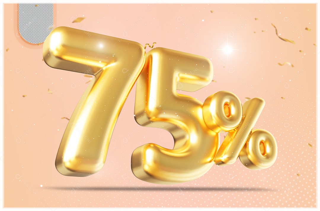 Elemento 3D Número 75% Desconto Dourado para Composição PSD