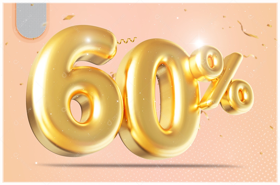 Elemento 3D Número 60% Desconto Dourado para Composição PSD