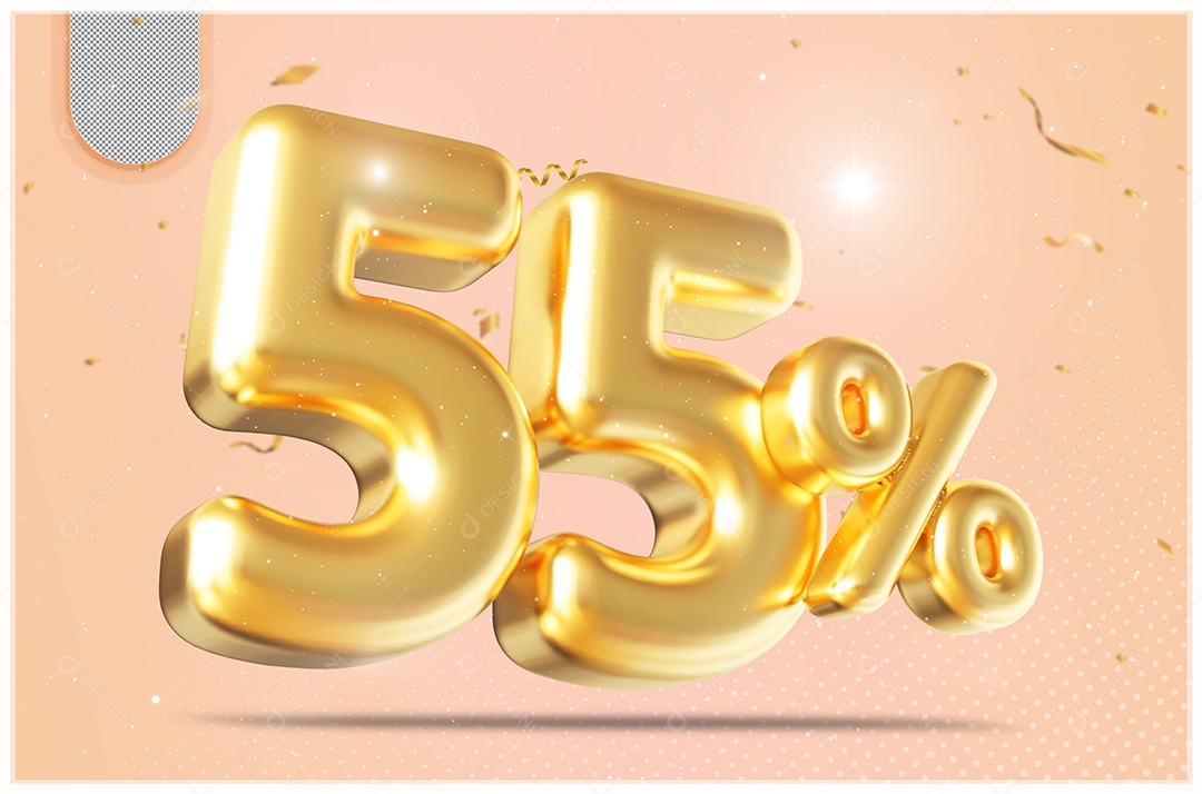 Elemento 3D Número 55% Desconto Dourado para Composição PSD