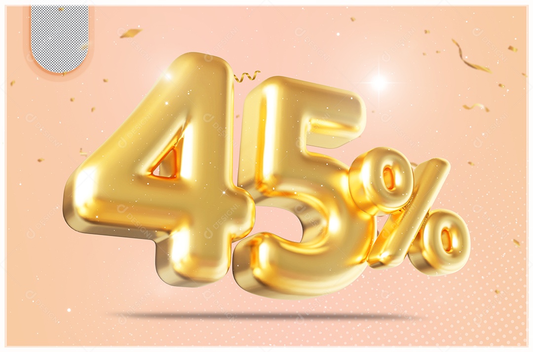 Elemento 3D Número 45% Desconto Dourado para Composição PSD