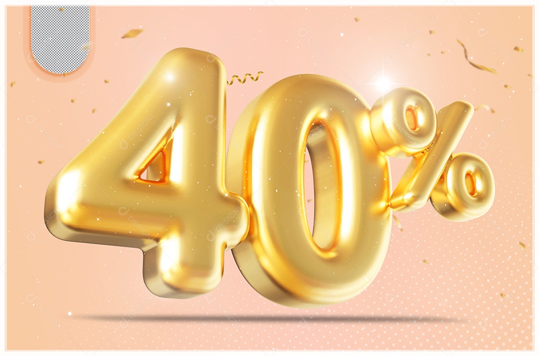 Elemento 3D Número 40% Desconto Dourado para Composição PSD