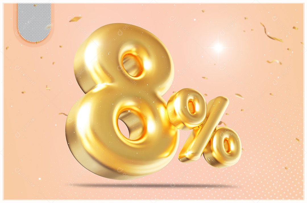 Elemento 3D Número 8% Desconto Dourado para Composição PSD