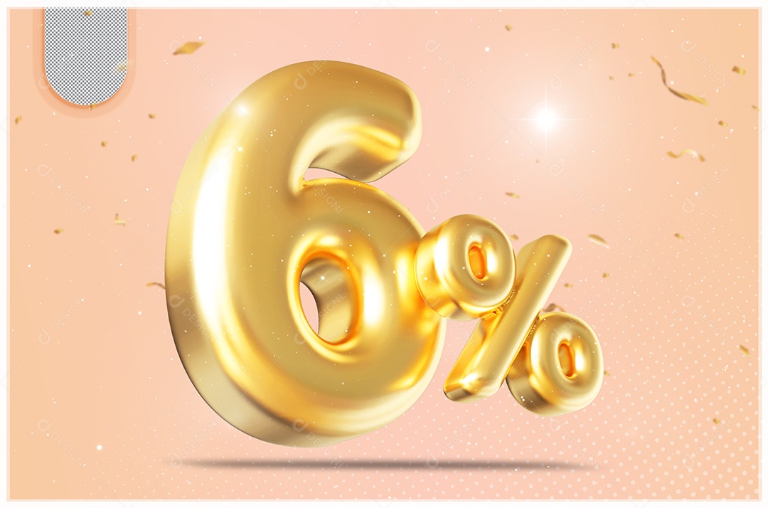 Elemento 3D Número 6% Desconto Dourado para Composição PSD